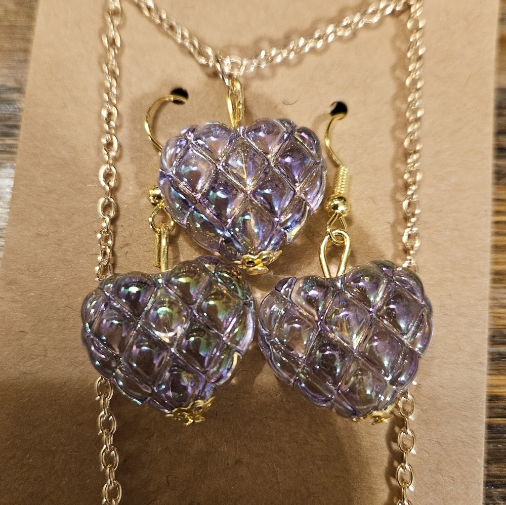 Clear/Purple'ish Heart Gold Tone Necklace And Earring Set - Picture 13 of 13